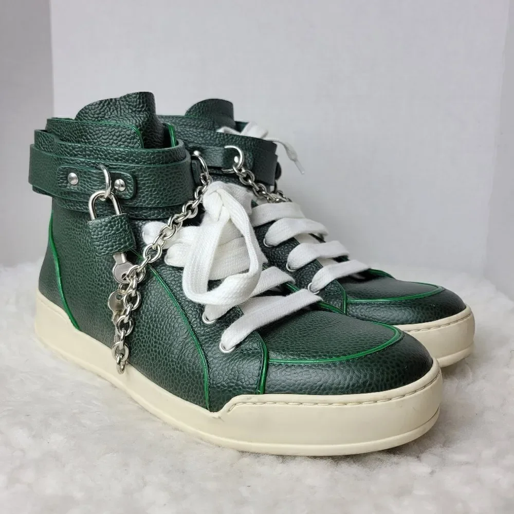Dsquared2 Mens High Top Sneaker Size 9 Green Pebble  Leather Lock And Key Front